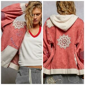 POL Red and Cream Hooded Sweatshirt with Crochet Accents